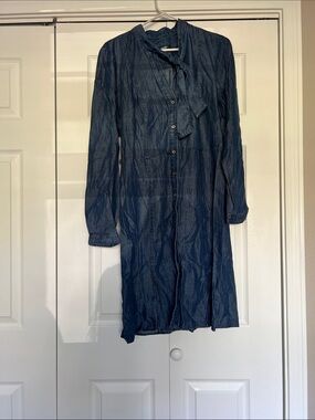 Tommy Hilfiger Navy Blue Long-Sleeve Button-Front with Neck Tie Dress
